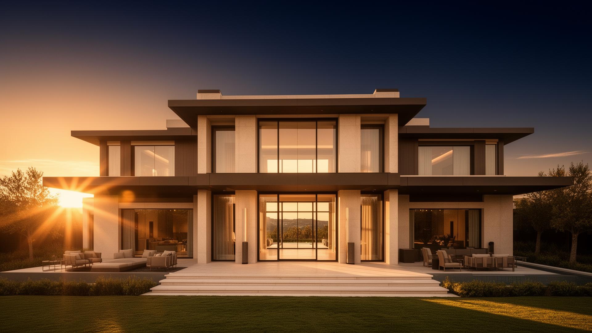 Modern luxury home at golden hour